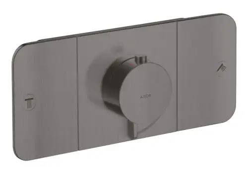 Thermostatmodul von AXOR für Unterputzinstallation, mit zentralem Regler und Symbolen für die Verbraucherauswahl, in brushed black chrome Ausführung.
